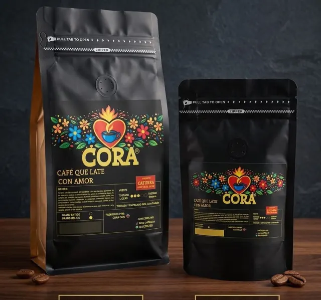 Las bolsas de café CORA, con el sello floral de la marca
