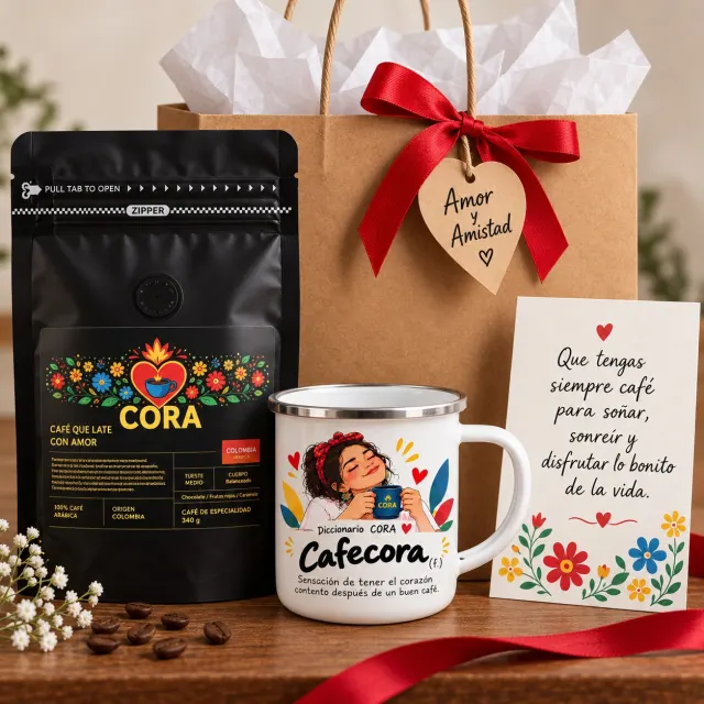 El Regalo CORA con el vaso Cafecora, la bolsa de café CORA, la tarjeta y la bolsa de regalo con moño rojo