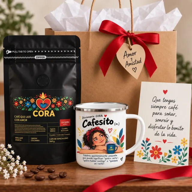 El Regalo CORA con el vaso Cafesito, la bolsa de café CORA, la tarjeta y la bolsa de regalo con moño rojo